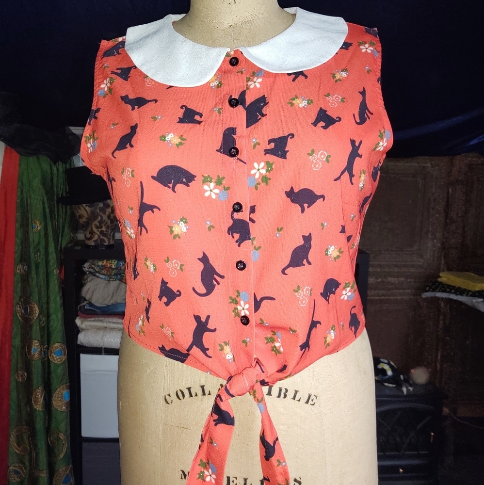 Lindy Bop Peter Pan collar top in floral cat print
